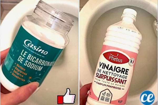 Bicarbonate de soude et vinaigre près des toilettes.