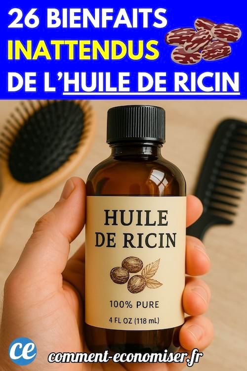 Une main tenant un flacon d’huile de ricin 100 % pure, avec des illustrations de graines de ricin sur l’étiquette.