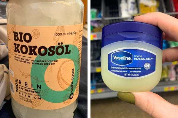 Huile de coco bio à côté d’un pot de vaseline.