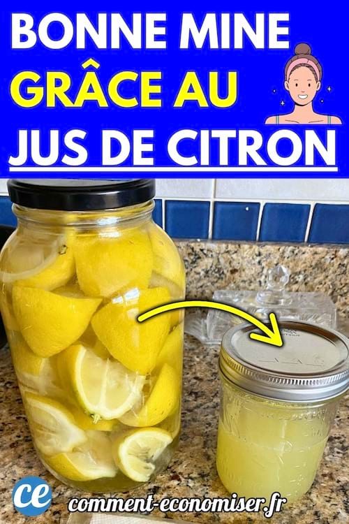 Un grand bocal rempli de quartiers de citrons jaunes et un petit pot contenant du jus de citron, posés sur un plan de travail en granit dans une cuisine. 