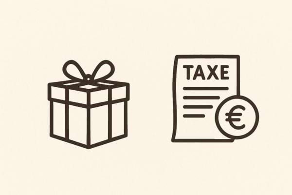 Icône d’un cadeau et d’une feuille de taxe avec un symbole euro.