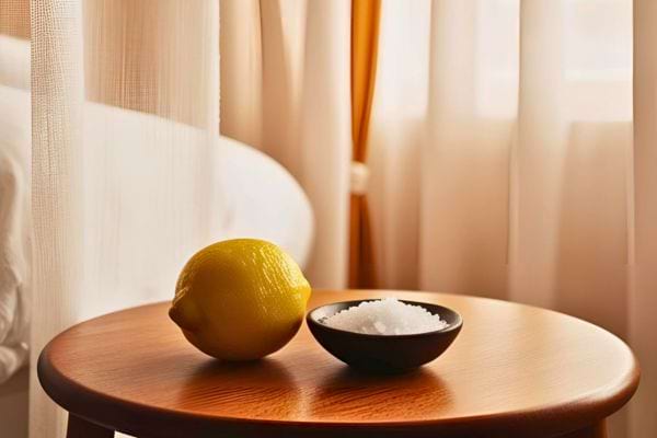 Un citron entier et un petit bol de sel posés sur une table ronde près d’un lit.
