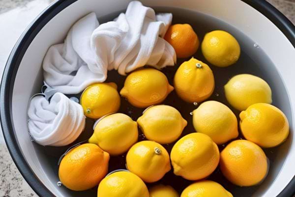 Citrons et lingettes blanches dans un seau d'eau