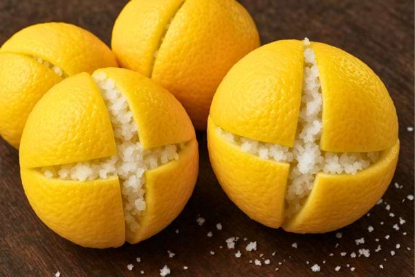 Citrons entaillés en croix remplis de gros sel sur une table en bois.