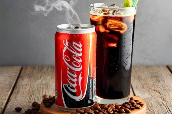Canette de Coca-Cola avec un verre rempli sur une table en bois.
