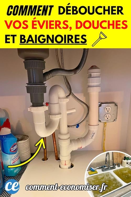 Tuyauterie sous un évier de cuisine avec un siphon en U.