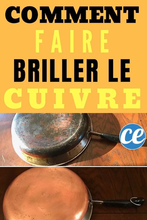 Une astuce pour faire briller le cuivre : en haut, une poêle en cuivre ternie et sale, en bas, la même poêle complètement propre et brillante.