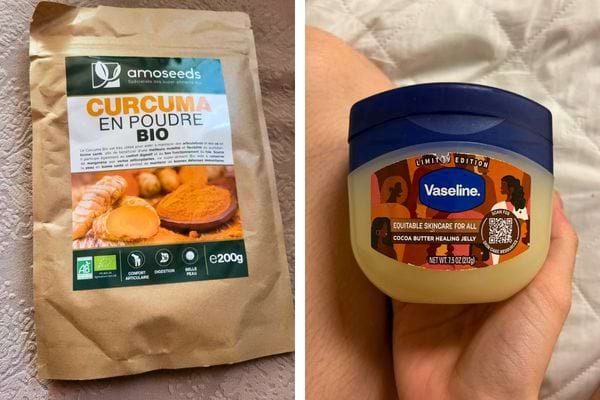 Sachet de curcuma bio et vaseline au beurre de cacao.