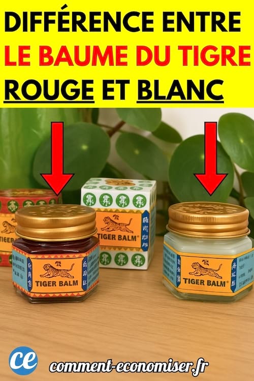 Deux pots de baume du tigre, l’un rouge et l’autre blanc, posés sur une table en bois avec leurs boîtes en arrière-plan. 
