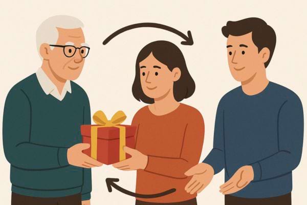 Un grand-père transmet un cadeau à une jeune femme, qui le donne ensuite à un homme.