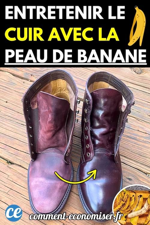 Deux chaussures en cuir bordeaux : l'une terne à gauche et l'autre brillante à droite après traitement à la peau de banane.