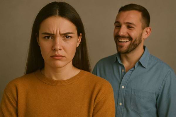 Femme sérieuse, homme rieur derrière elle.