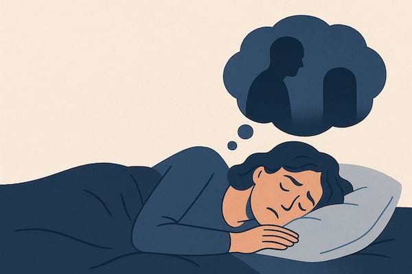 Une femme est allongée dans son lit, endormie, l’air triste.