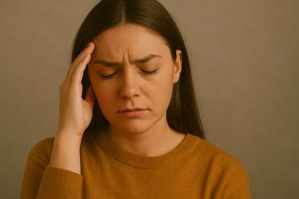 Femme pensive, main sur la tempe.