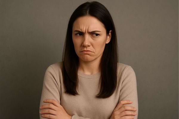 Femme méfiante aux bras croisés.