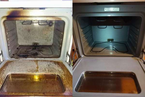 Comparaison d’un four sale avant et propre après nettoyage.