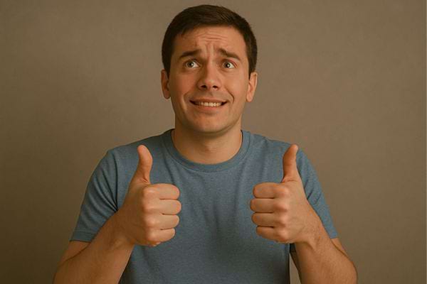 Homme souriant, pouces levés, inquiet.