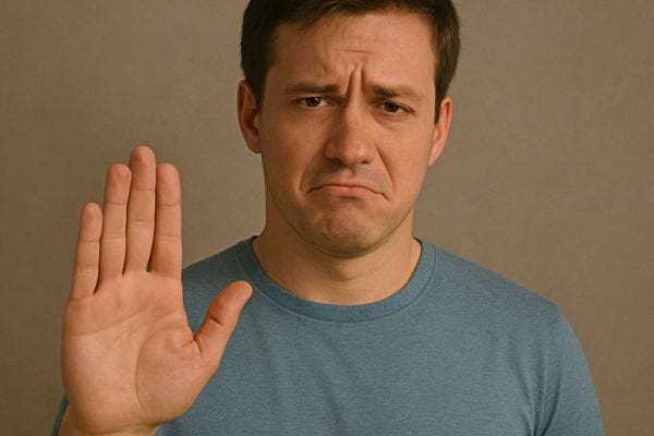 Homme l'air gêné, main levée.