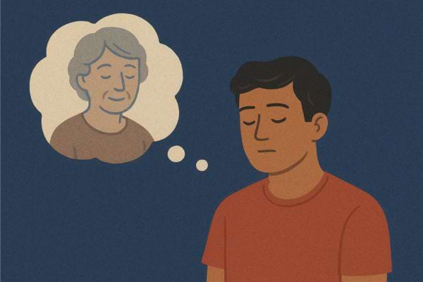 Homme pensif repensant à sa grand-mère.