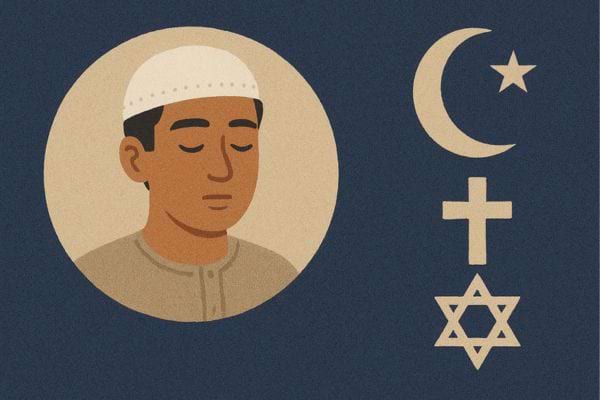 Homme priant, symboles religieux visibles.