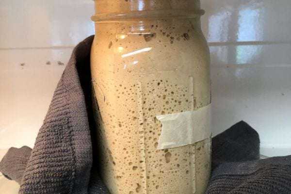 Levain actif dans un bocal en verre entouré d’un torchon.