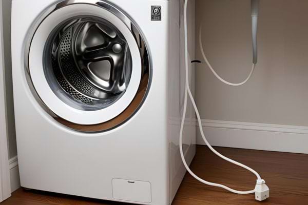 Lave-linge branché posé sur un sol en bois, prêt à l’emploi.