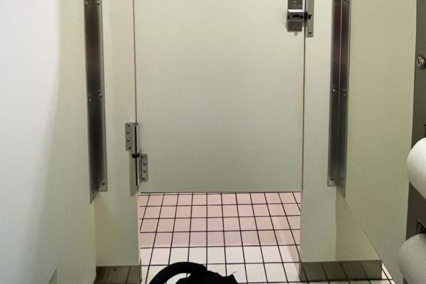 Vue intérieure d’une porte de WC laissant voir l’extérieur.