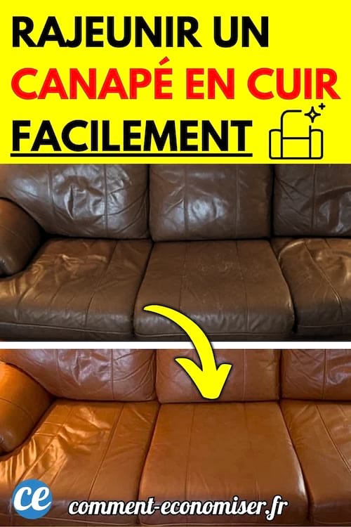 Avant-après d’un canapé en cuir : en haut, le cuir est usé et terne ; en bas, le même canapé restauré avec un aspect neuf et éclatant.