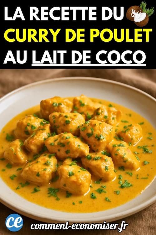 Assiette de morceaux de poulet tendres nappés d’une sauce crémeuse au curry jaune et au lait de coco.