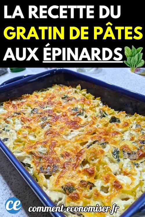 Un grand plat de gratin de pâtes aux épinards avec une croûte dorée.