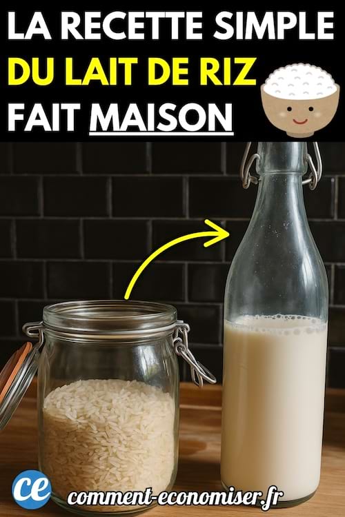 Un bocal en verre rempli de riz et une bouteille en verre contenant du lait de riz, posés sur un plan de travail devant un mur de carreaux noirs. 