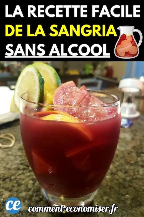 Un verre de sangria sans alcool rempli de morceaux de fruits et de glaçons, décoré avec une tranche de citron vert et une de citron jaune.