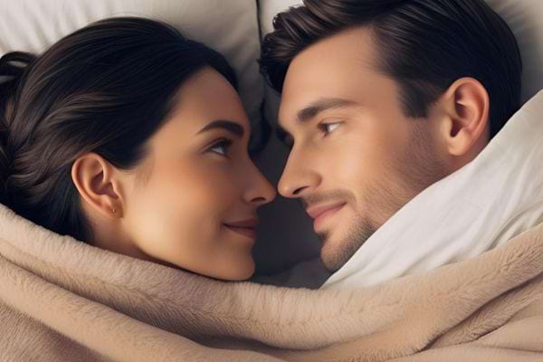 Un jeune couple se regarde tendrement sous une couverture beige.