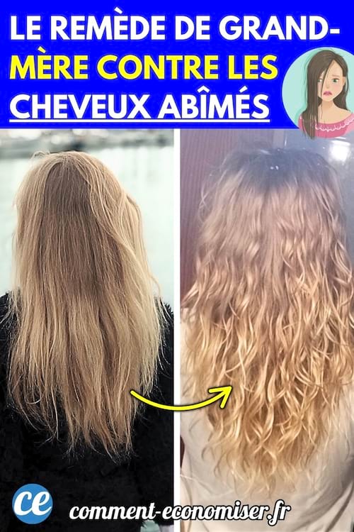 Avant-après montrant une chevelure abîmée à gauche et des cheveux réparés, plus ondulés à droite.