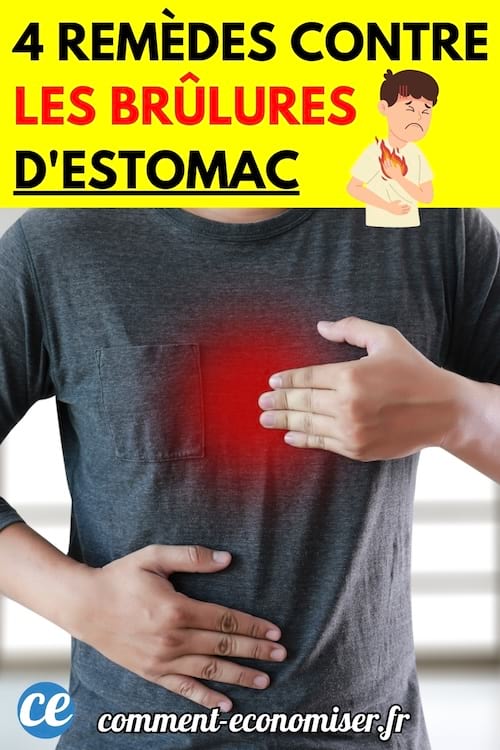 Homme en t-shirt gris posant ses mains sur son estomac, avec une zone rouge lumineuse au centre pour symboliser la douleur.