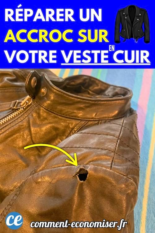 Veste en cuir noir posée sur une surface colorée, présentant un accroc visible sur l'épaule.