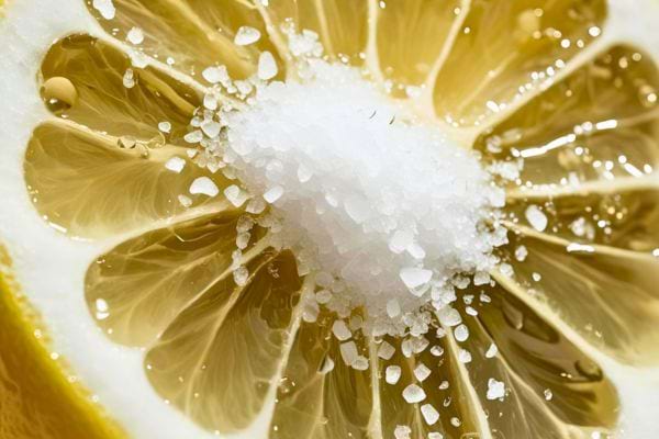 Du gros sel déposé au centre d’un demi-citron en gros plan.