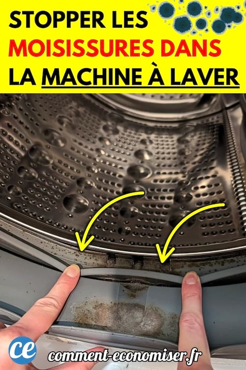 Une machine à laver avec des moisissures visibles au niveau du joint, deux doigts pointant les zones sales.