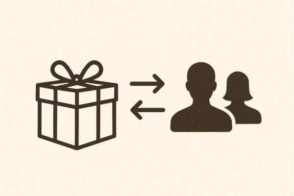 Icône d’un cadeau échangé entre deux personnes, un homme et une femme.