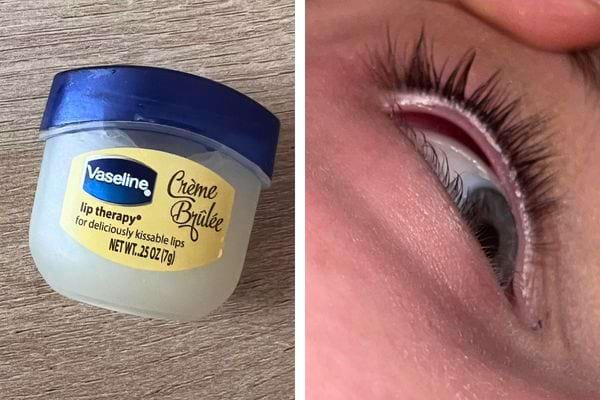 Pot de vaseline crème brûlée et cils bien dessinés.