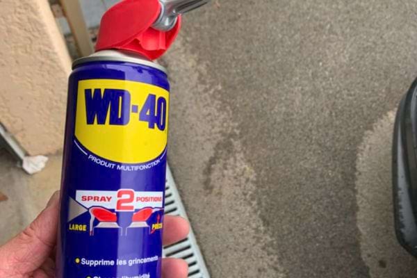 Aérosol WD-40 en main, prêt à l'emploi.