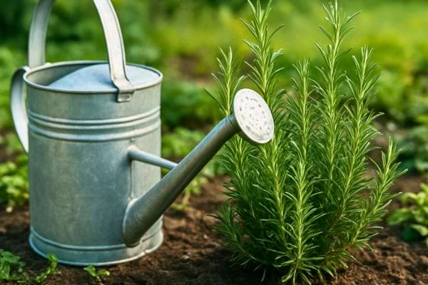 Arrosoir en métal à côté d’un plant de romarin.