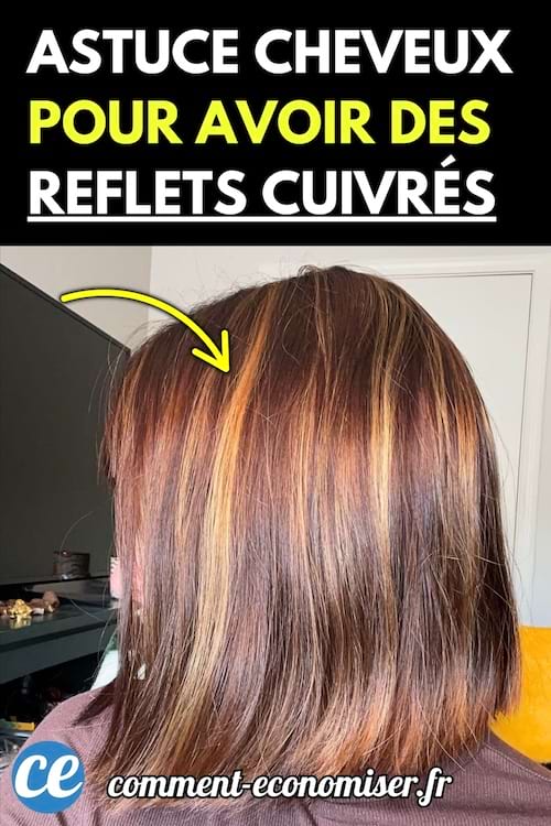 Cheveux lisses mi-longs aux reflets cuivrés visibles sous la lumière dans une pièce.