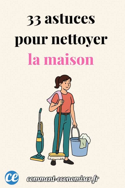 Illustration d’une femme tenant un balai et un seau, à côté d’un aspirateur. 