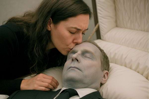 Une femme embrasse le front d’un homme décédé allongé dans un cercueil.