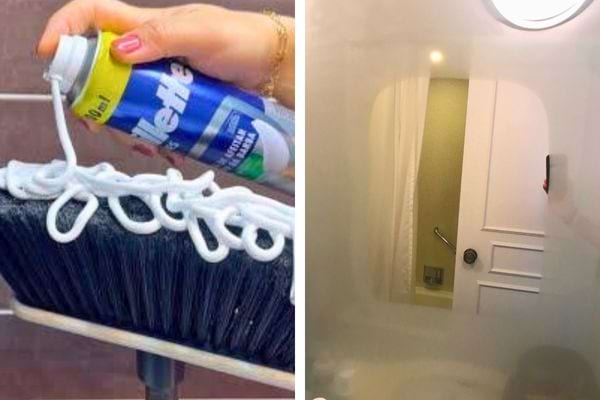 Mousse sur balai et miroir propre sans buée en résultat.