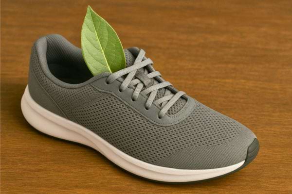 Une basket grise contient une feuille de laurier verte fraîche.