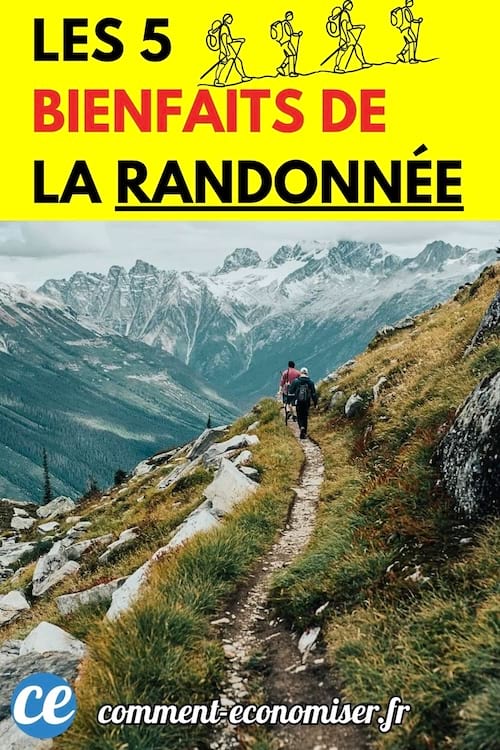 Deux randonneurs marchent sur un sentier de montagne escarpé, entourés de sommets enneigés, illustrant les bienfaits de la randonnée en pleine nature.