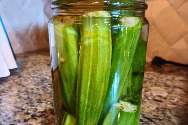 Gombos entiers conservés dans un bocal en saumure.