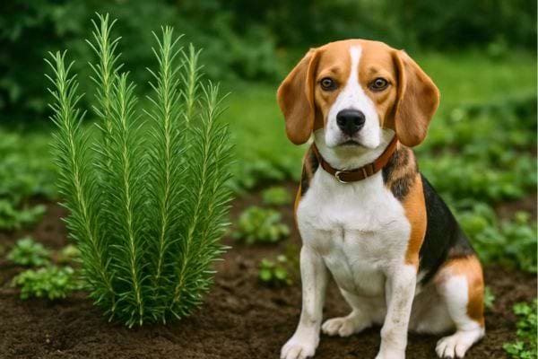 Un chien assis calmement près du romarin au jardin.